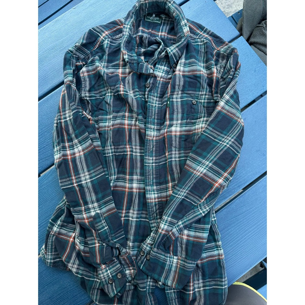 GH Bass & Co Mens Large Green Navy Orange Plaid Flannel Long Sleeve Button Down